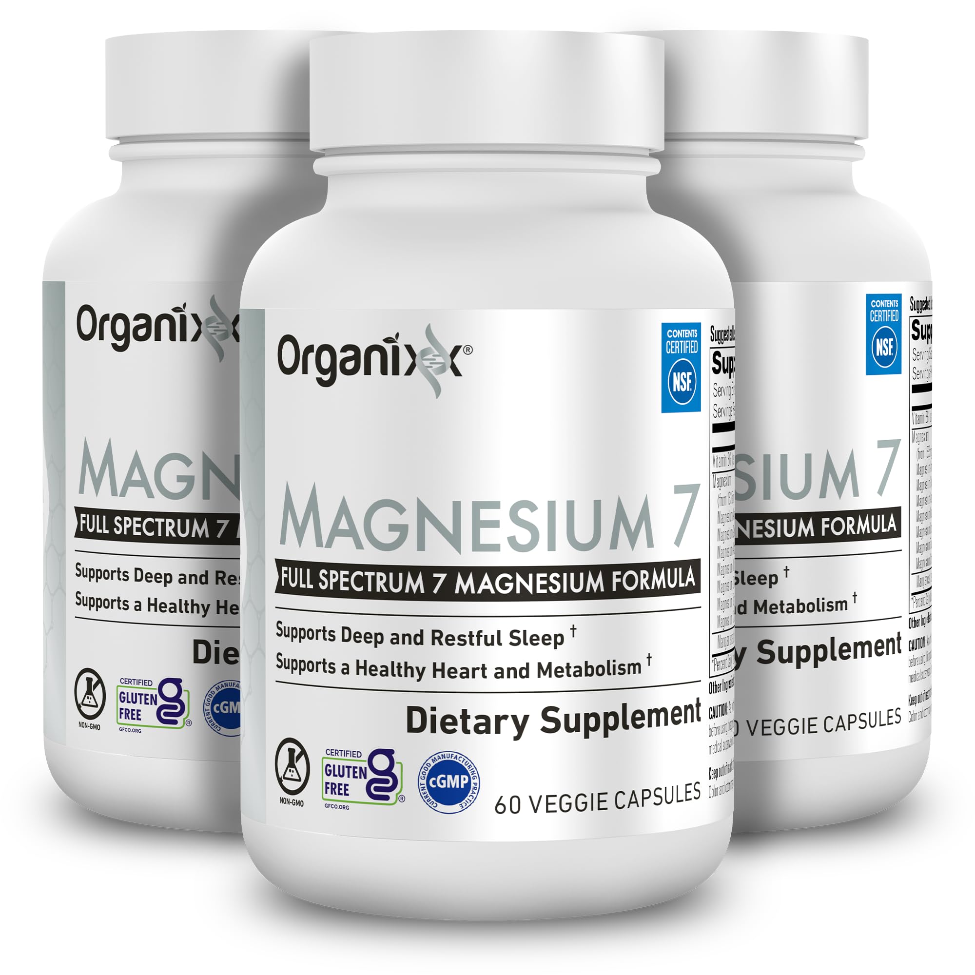Organixx Magnesium 7 bottle and capsules designed for sleep support.