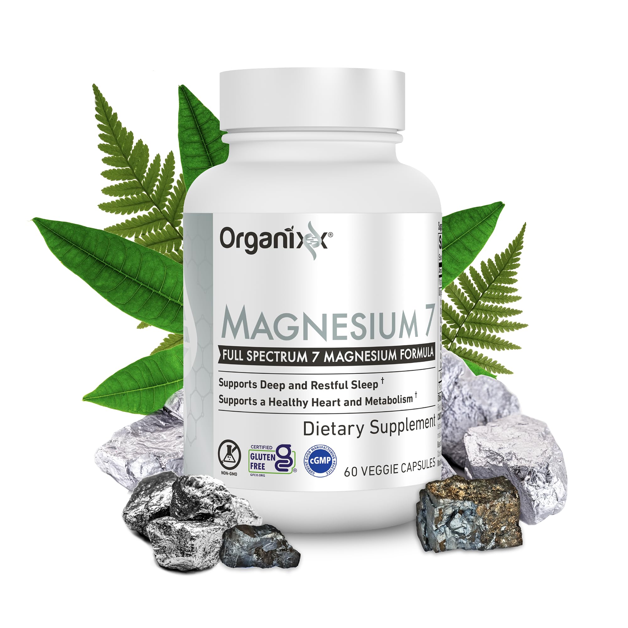Organixx Magnesium Glycinate bottle front with seven magnesium forms for balanced support.
