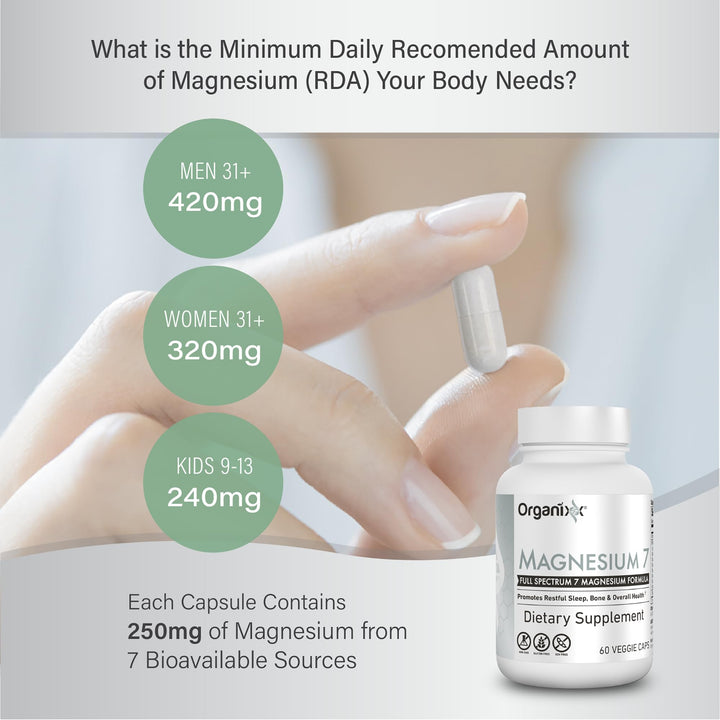Organixx Magnesium 7 bottle on nightstand for restful sleep support.