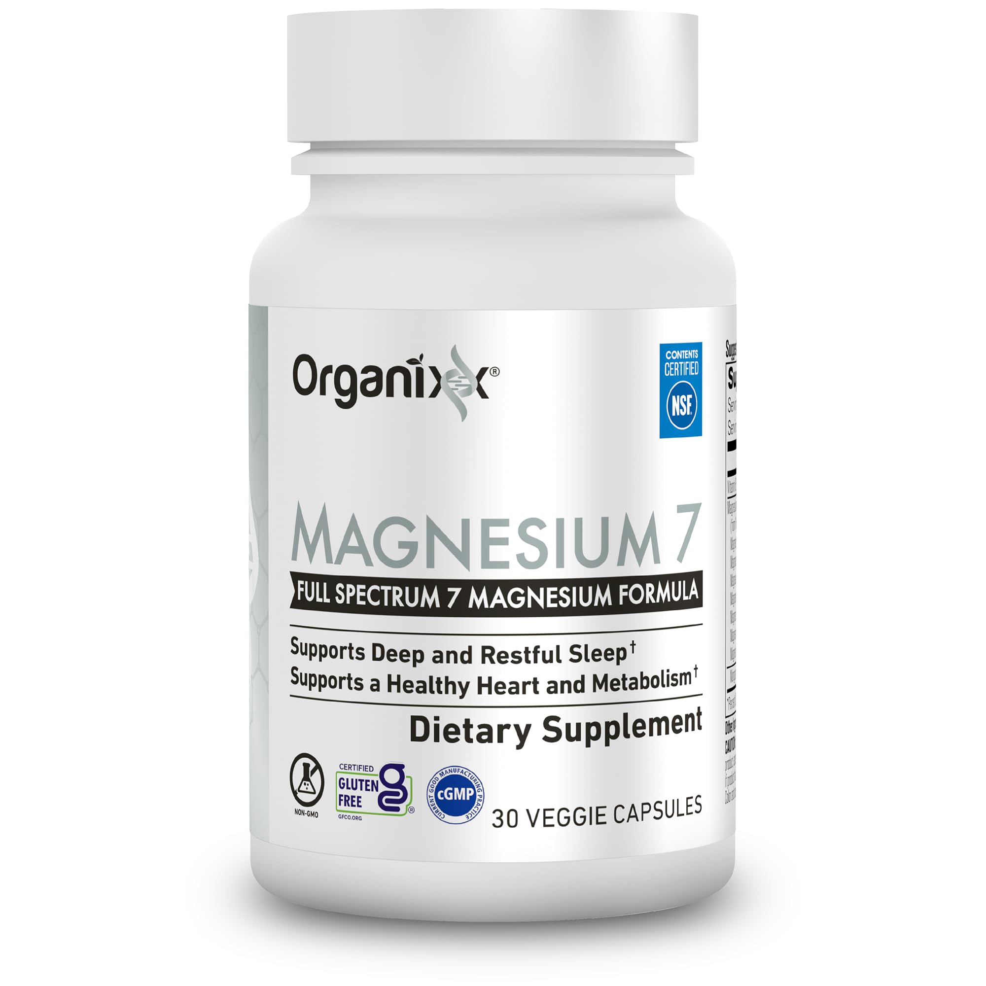 Organixx magnesium glycinate capsules arranged beside a bottle cap.