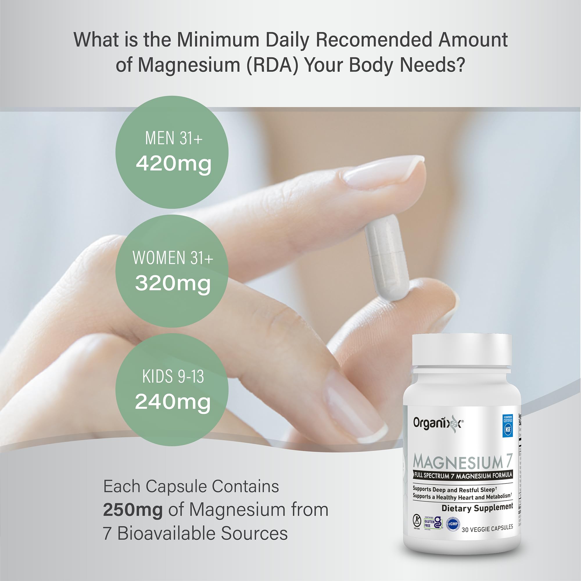 Organixx Magnesium Glycinate capsules close-up with bottle and label displaying B6 and manganese.