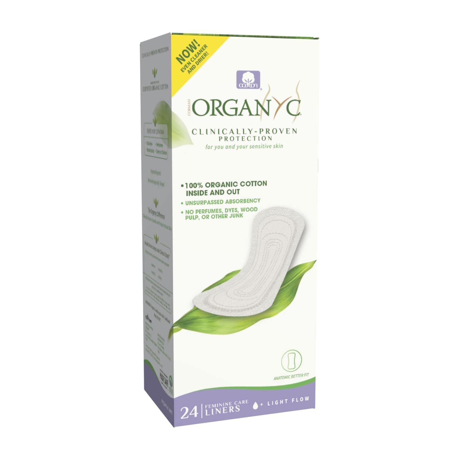 Organyc flat panty liner packaging showing discreet travel friendly design