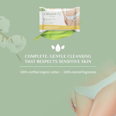 Organyc organic cotton wipes close-up packaging communicates gentle, plant-based care