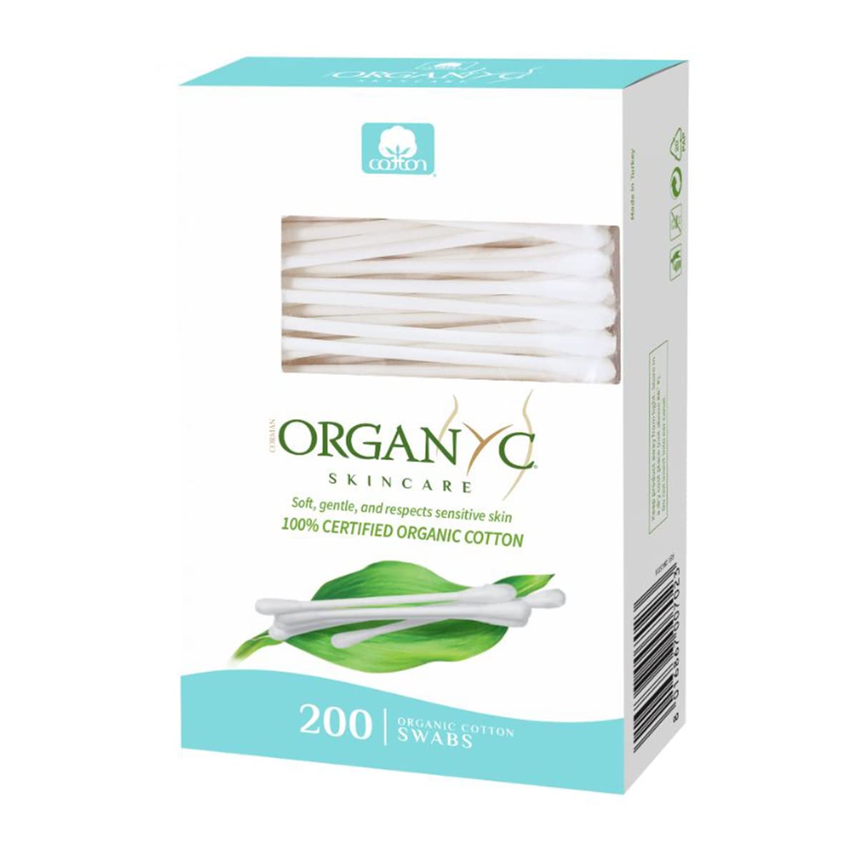 Organyc packaging shows white cotton swabs for gentle skincare routines.