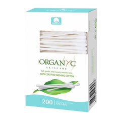 Organyc packaging shows white cotton swabs for gentle skincare routines.