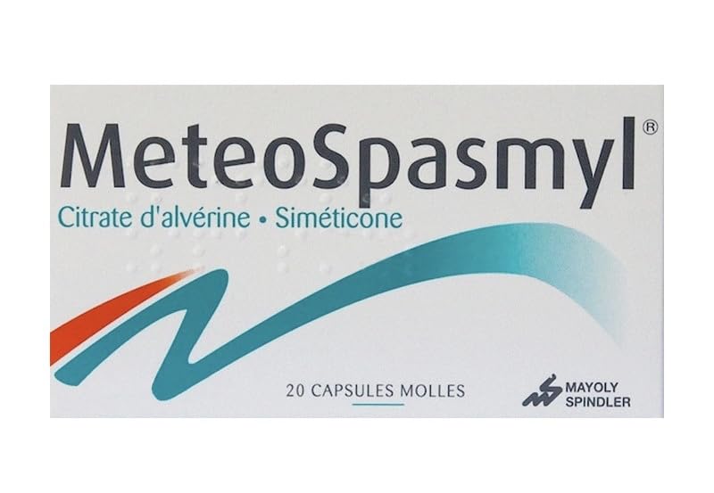 ORGMAX MeteoSpasmyl packaging shows 20 soft capsules for convenient digestive care.
