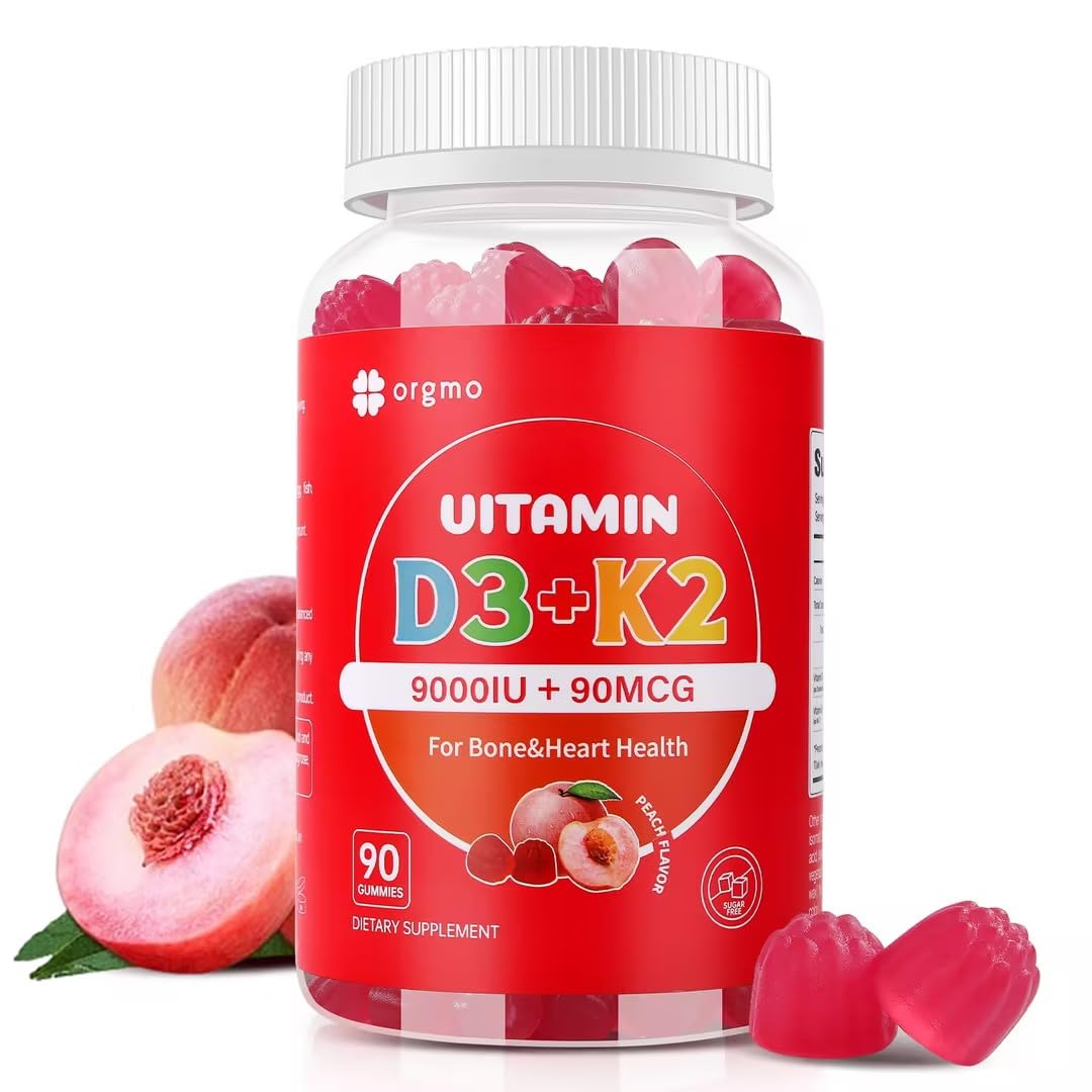 ORGMO vitamin D3 K2 gummies bottle shows peach flavor and high potency.