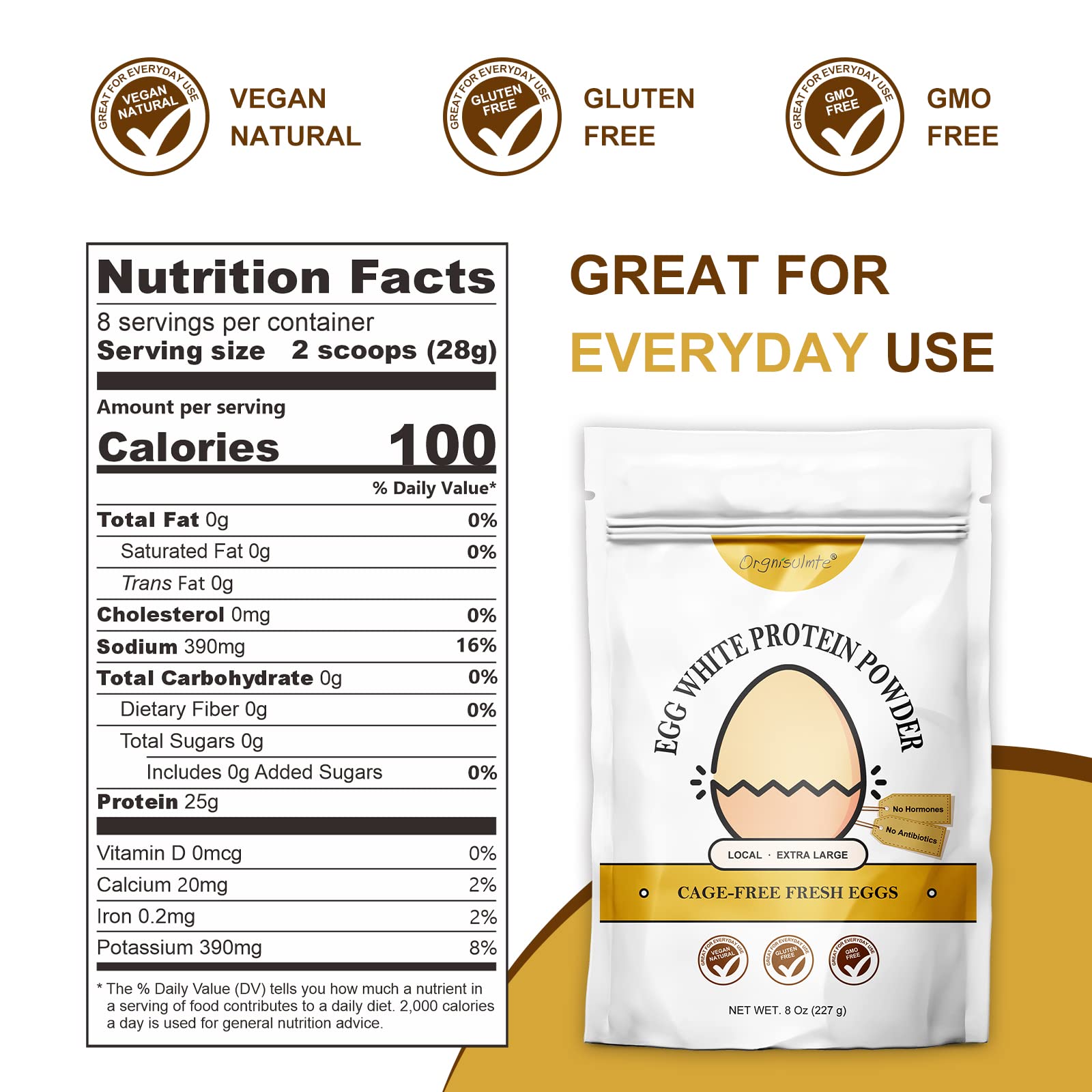 Orgnisulmte egg white powder sealed pouch highlighting freshness and easy storage