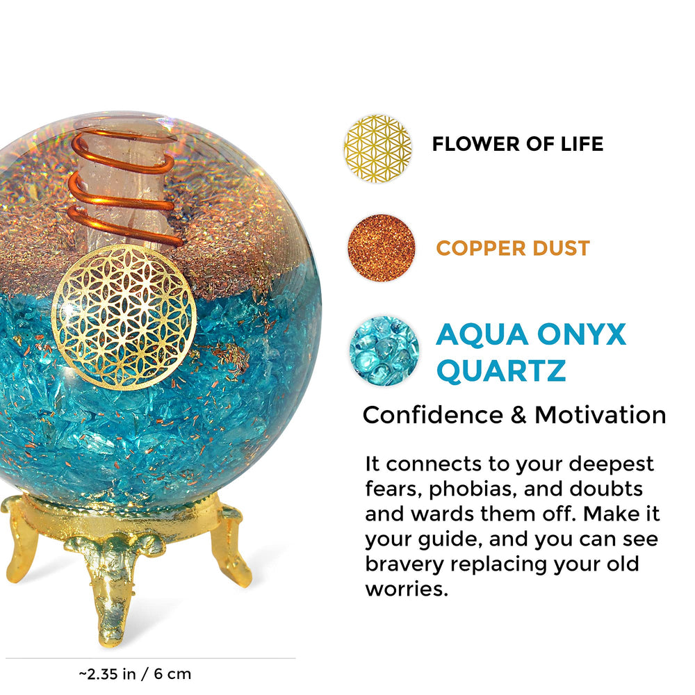Orgonite Crystal Blue Aquamarine Ball closeup showcases craftsmanship and serene ambience.
