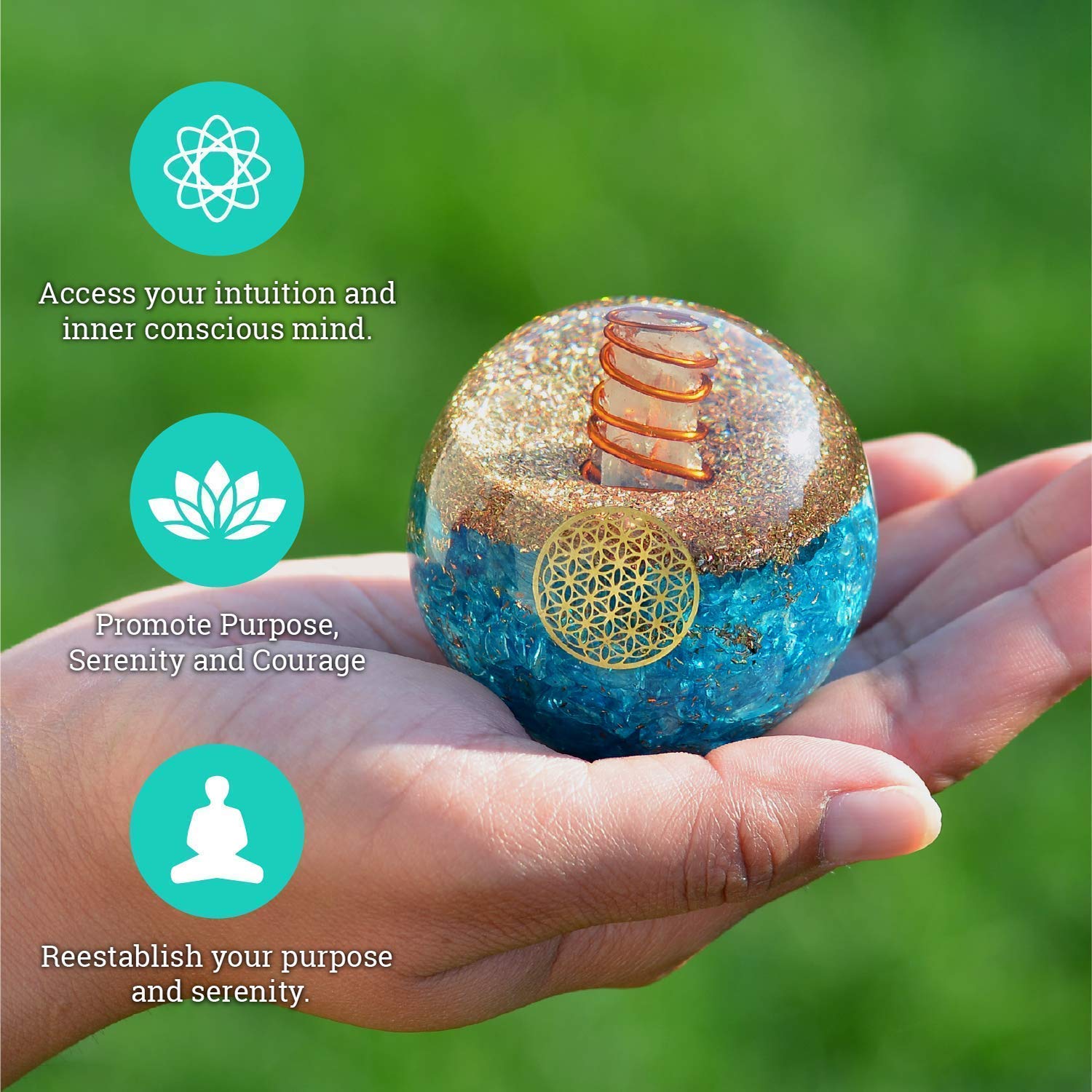 Orgonite Crystal Blue Aquamarine Ball placed bedside promotes restful atmosphere.