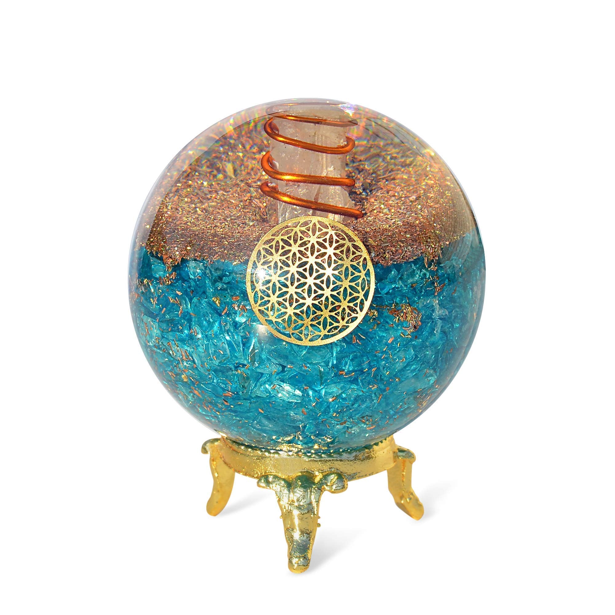 Orgonite Crystal Blue Aquamarine Ball on stand boosts calm focus in workspaces.
