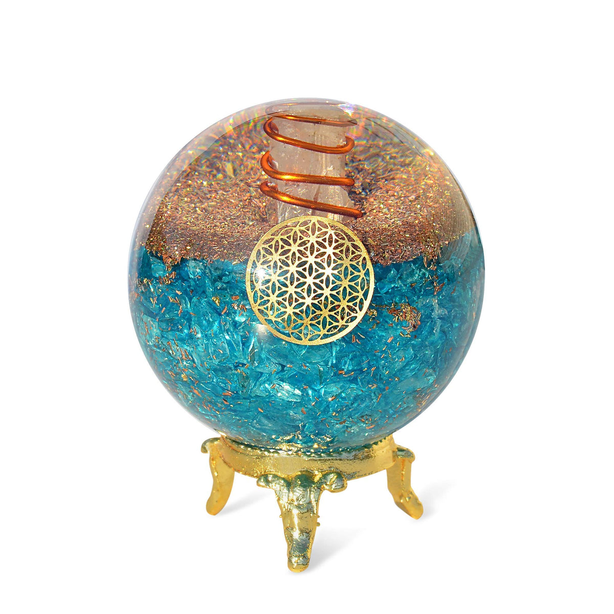 Orgonite Crystal Blue Aquamarine Ball on stand boosts calm focus in workspaces.