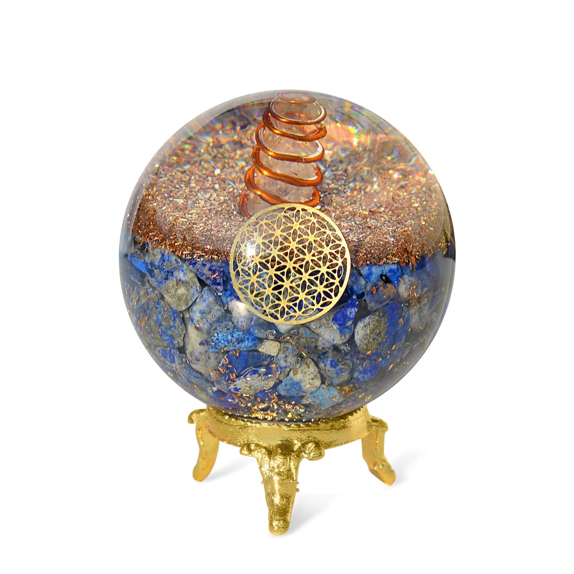 Orgonite Crystal Lapis Lazuli Ball with Holder enhances focus and insight at home or office.