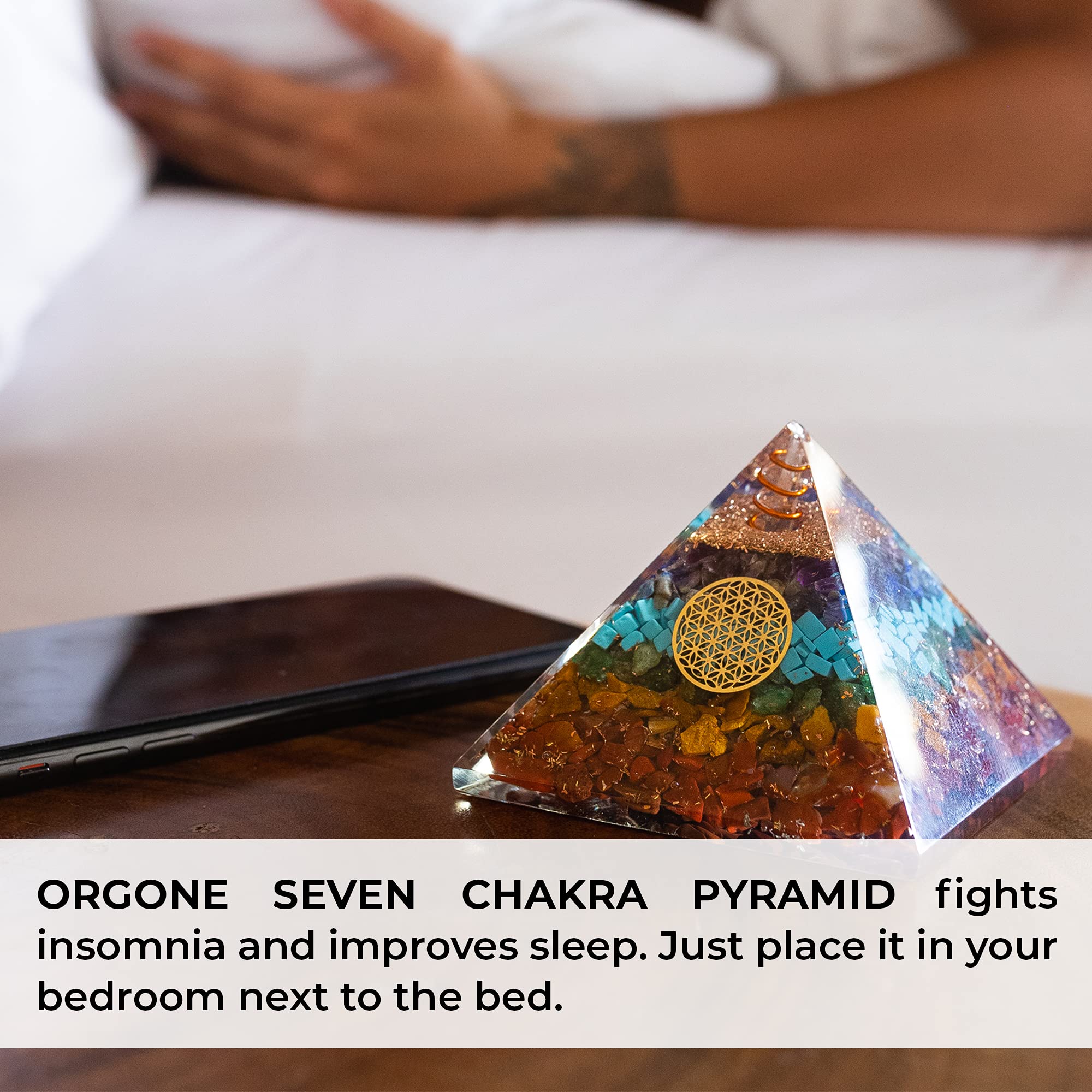 Orgonite Crystal Seven Chakra Pendant close-up shows beadwork and symbolic energy