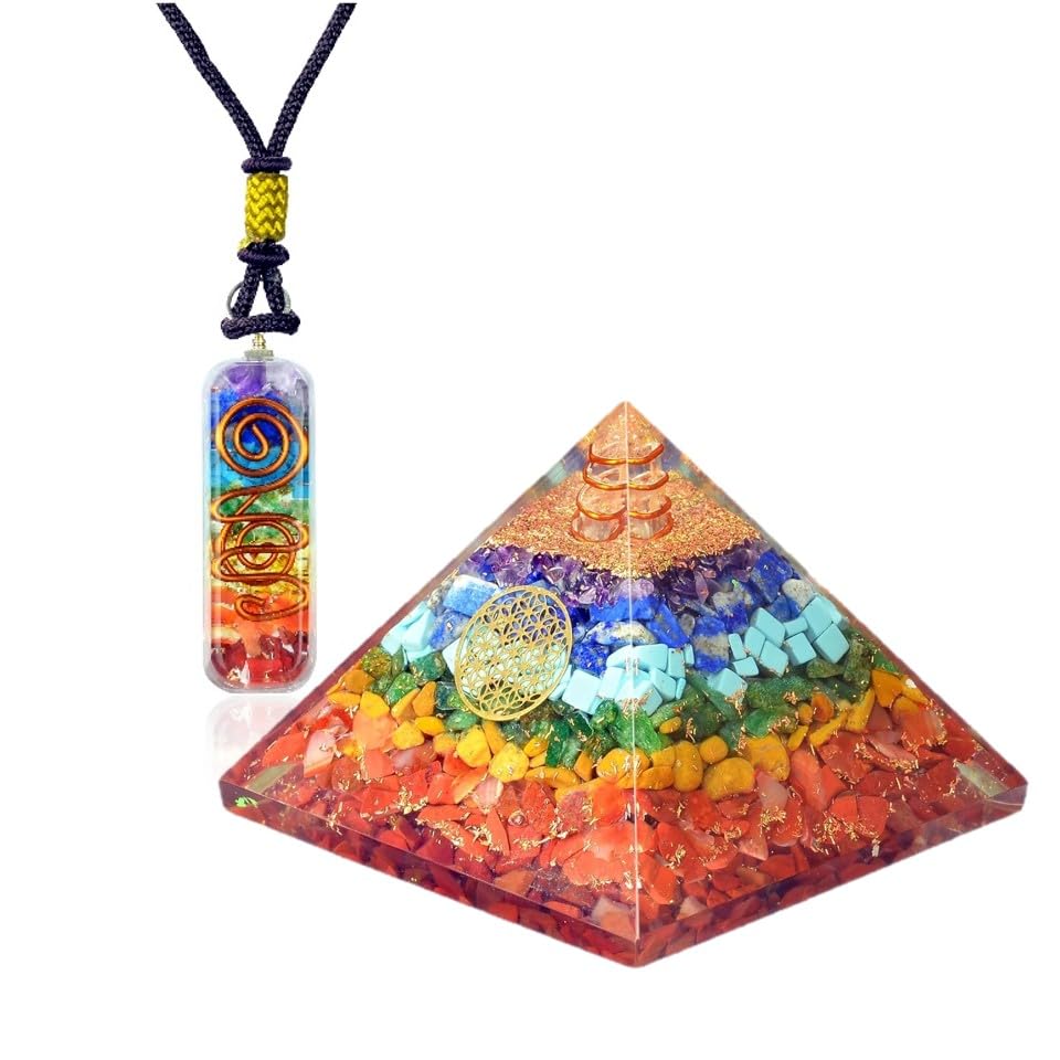 Orgonite Crystal Seven Chakra Pyramid front view promotes calming energy for your space
