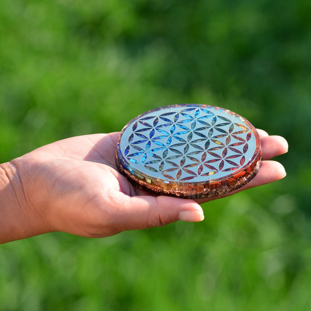 Orgonite Crystal Water Charging Plate in room setting enhances calm ambience and focus.