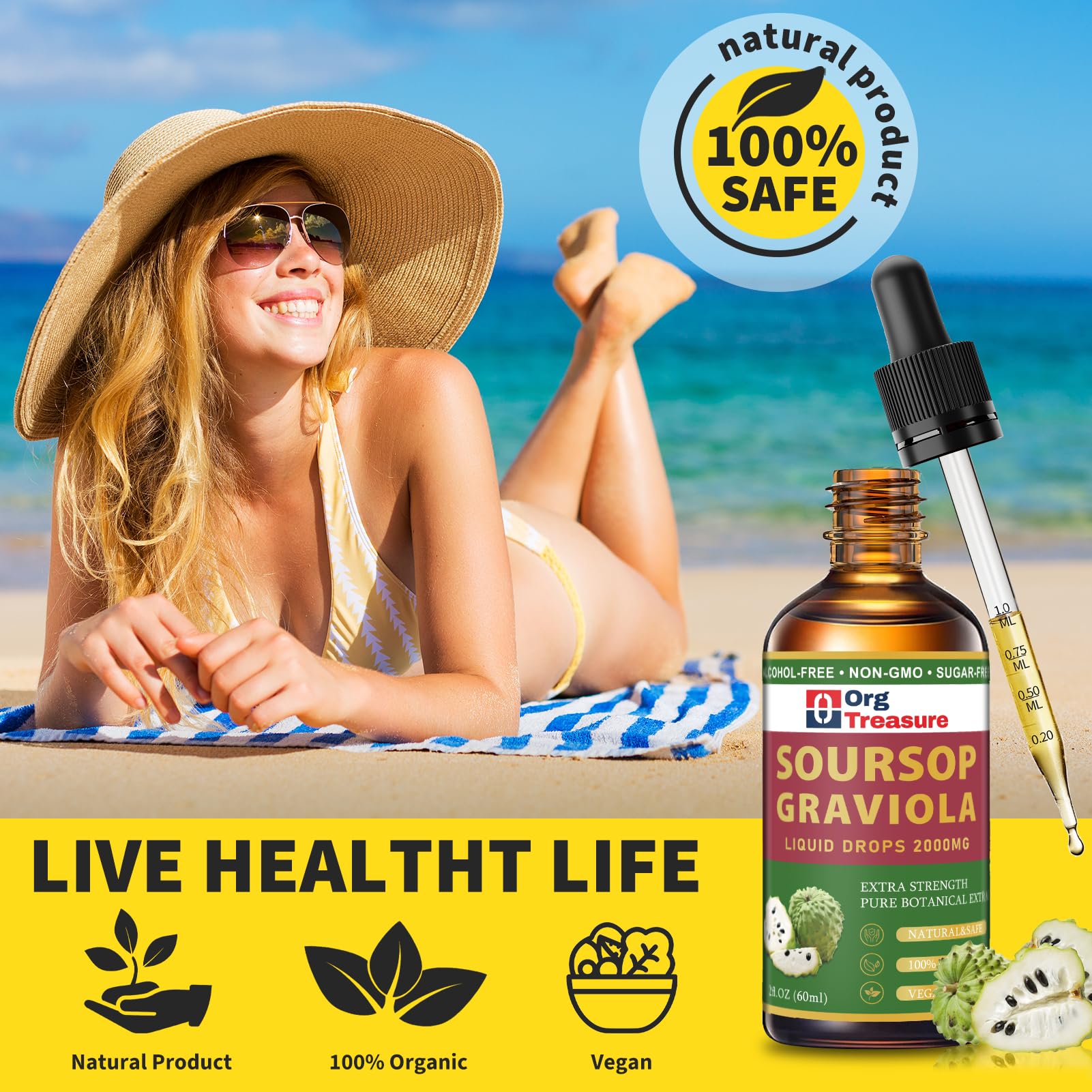 OrgTreasure 2oz bottle packaging highlights compact, recyclable design