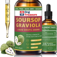 OrgTreasure Soursop Drops bottle front highlighting premium packaging and high potency