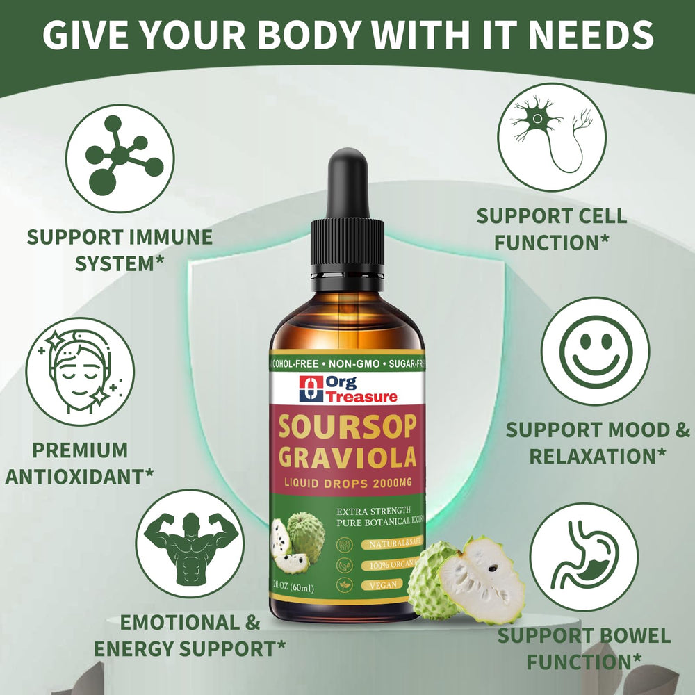 OrgTreasure Soursop Drops label close-up indicates high potency