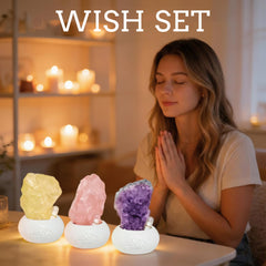 Ori Energy amethyst crystals displayed on a desk for peaceful focus.