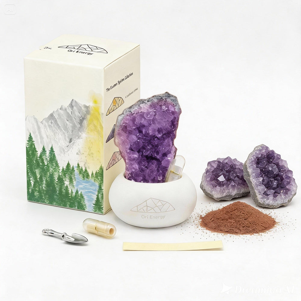 Ori Energy amethyst crystal set on bedroom desk for calm decor.