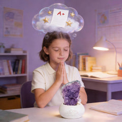 Ori Energy hand-glazed ceramic base with amethyst crystals, handcrafted detail.