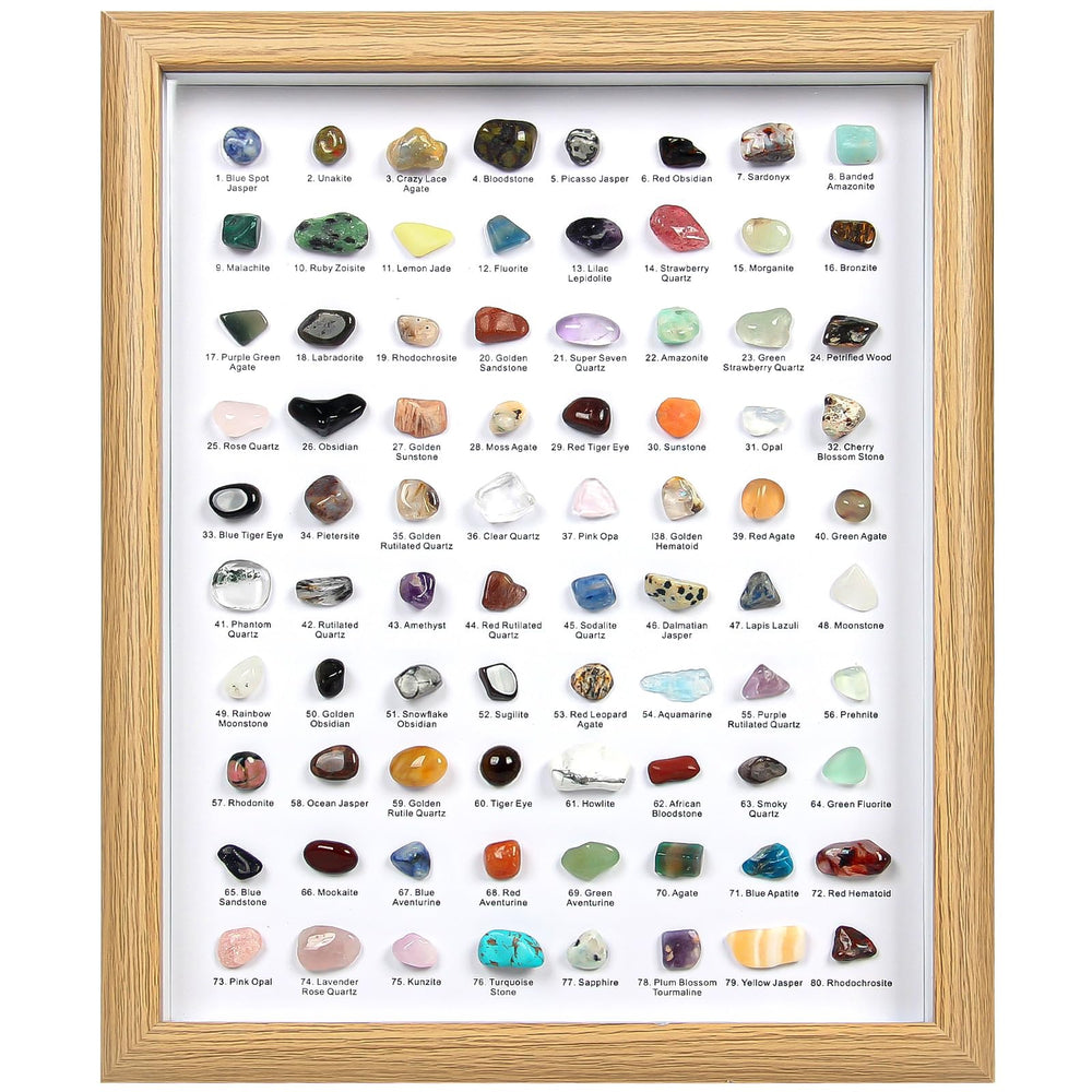 Orientrea 80pcs crystal collection on a wooden frame for a calm, decorative display.