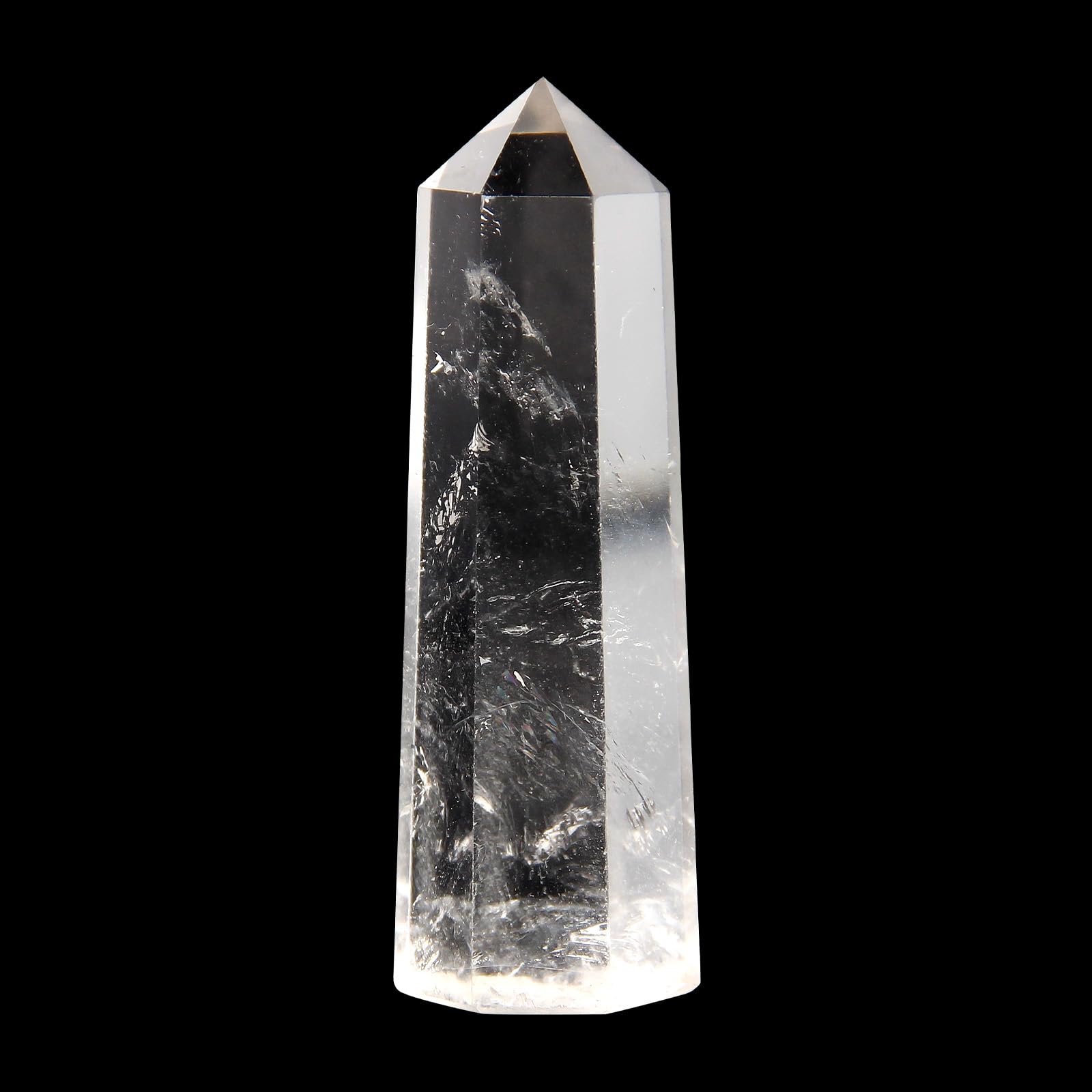 Close-up of Orientrea clear quartz wand polished tip for relaxation.
