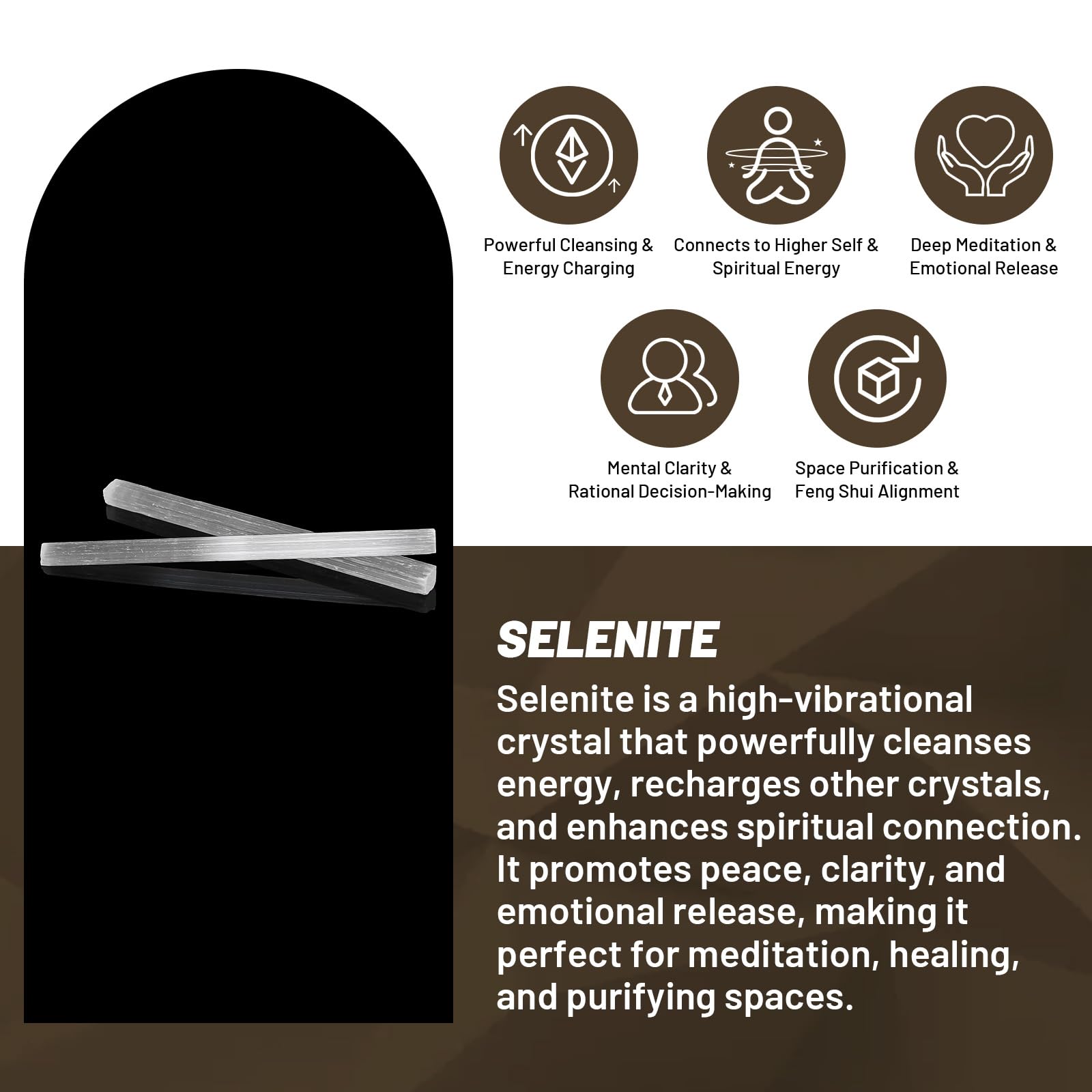 Orientrea handmade selenite wand, ethically sourced, ideal for meditation and focus.