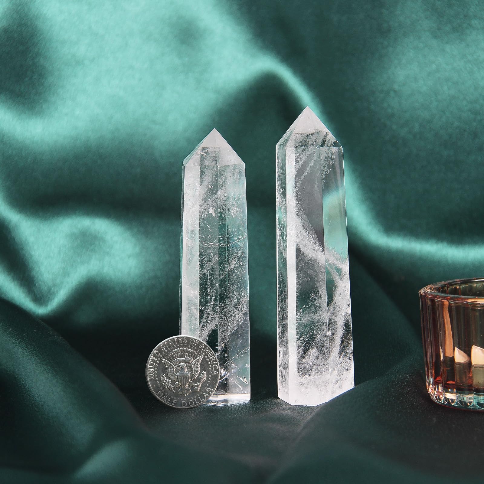 Orientrea natural clear quartz wand close-up with six facets for focus