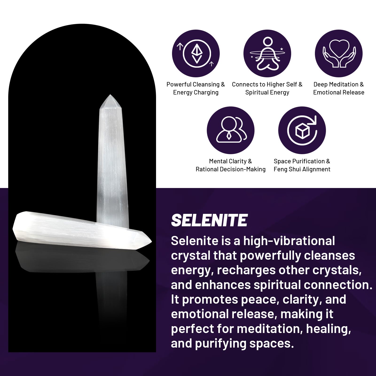 Orientrea Selenite Crystal Wand held in hand for relaxation and focus.