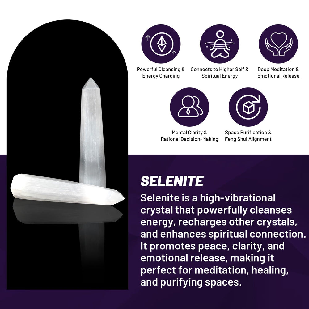 Orientrea Selenite Crystal Wand held in hand for relaxation and focus.