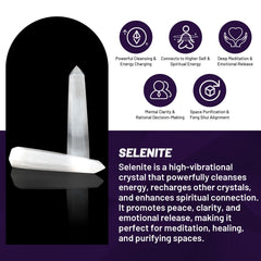 Orientrea Selenite Crystal Wand held in hand for relaxation and focus.