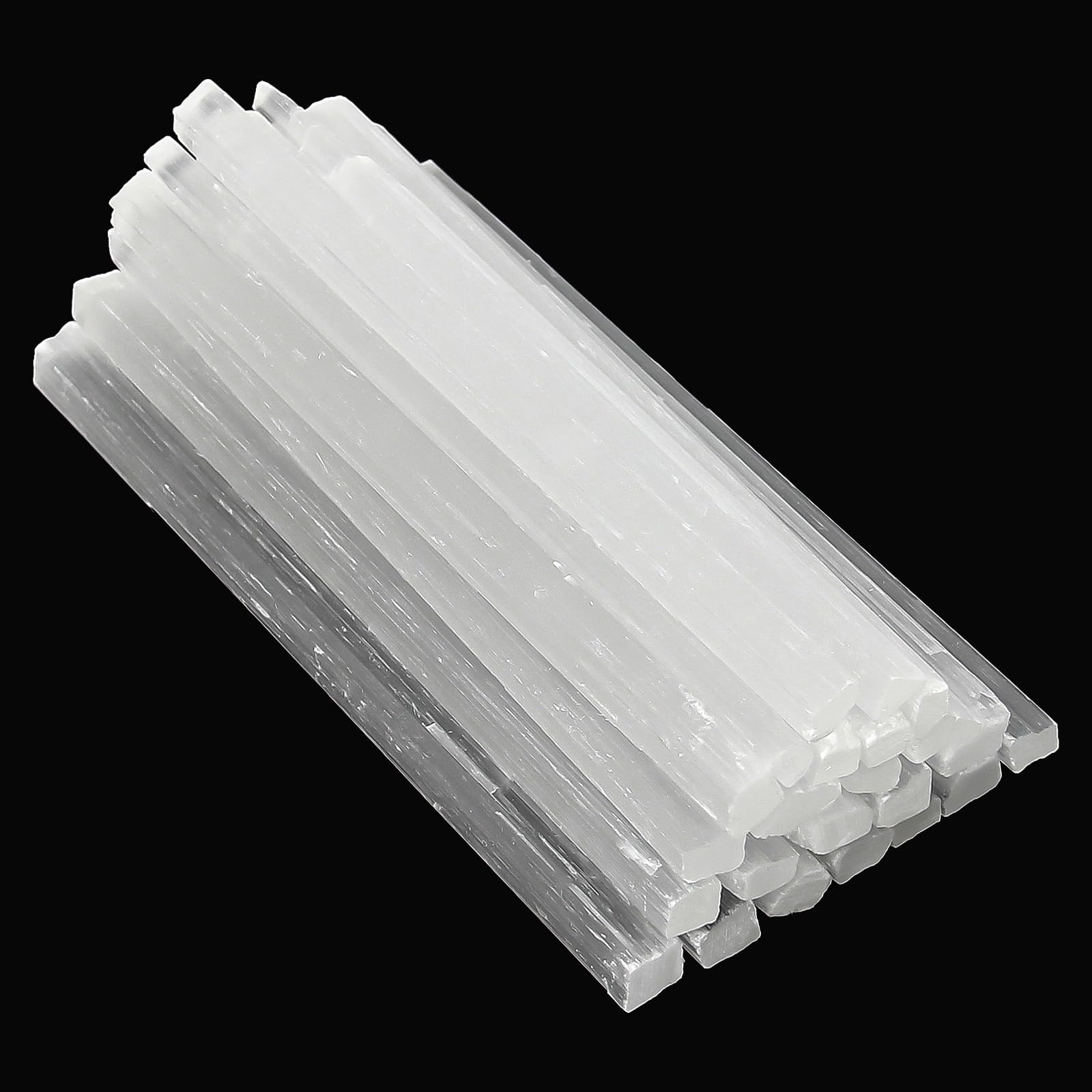Orientrea selenite wand close-up, 6-6.5 inches, supports chakra balance and calm energy.