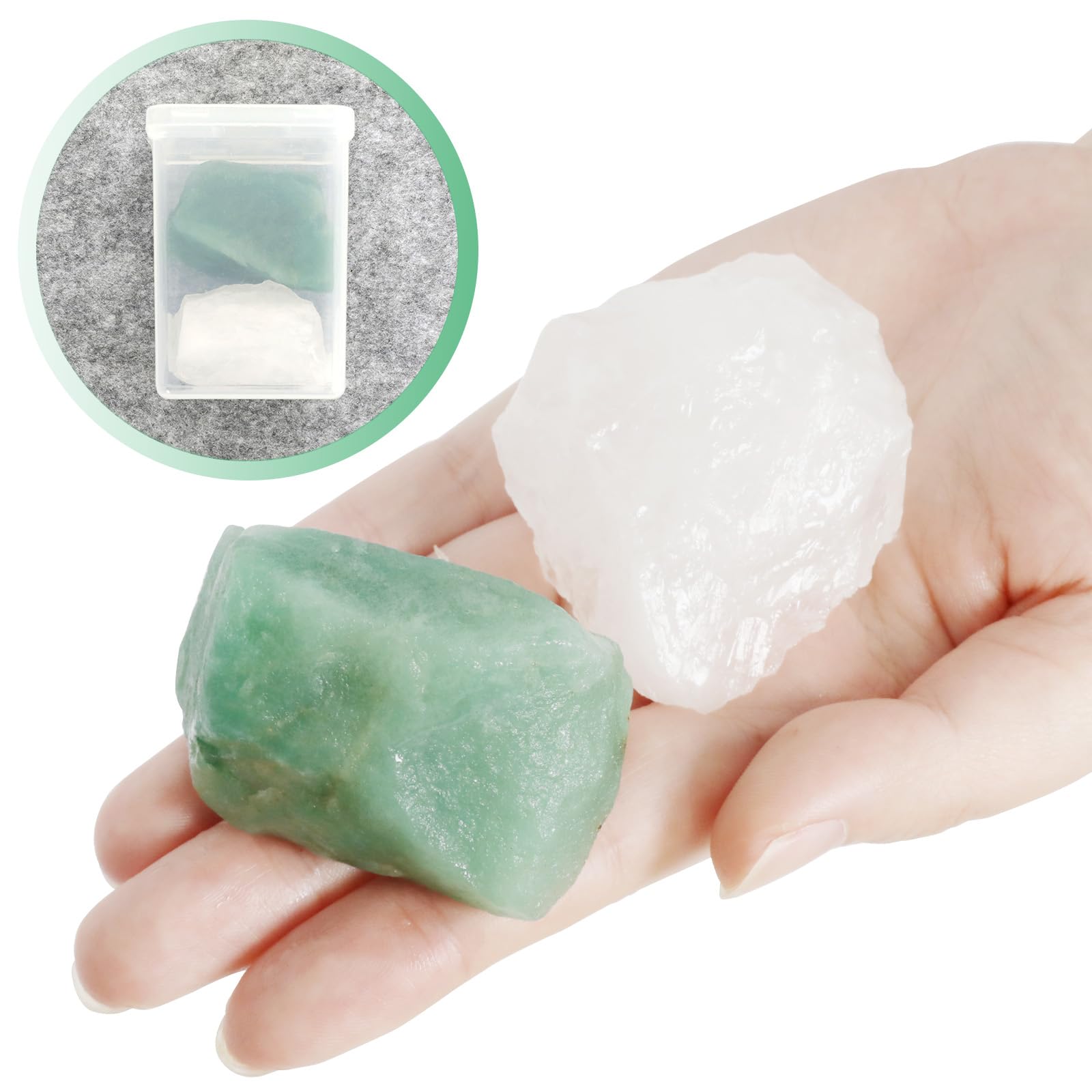 Tumbling crystal set from Orientrea with rough stones arranged for crafts and display.