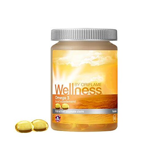 Oriflame Wellness Omega 3 original 60 capsules bottle, convenient for daily use.