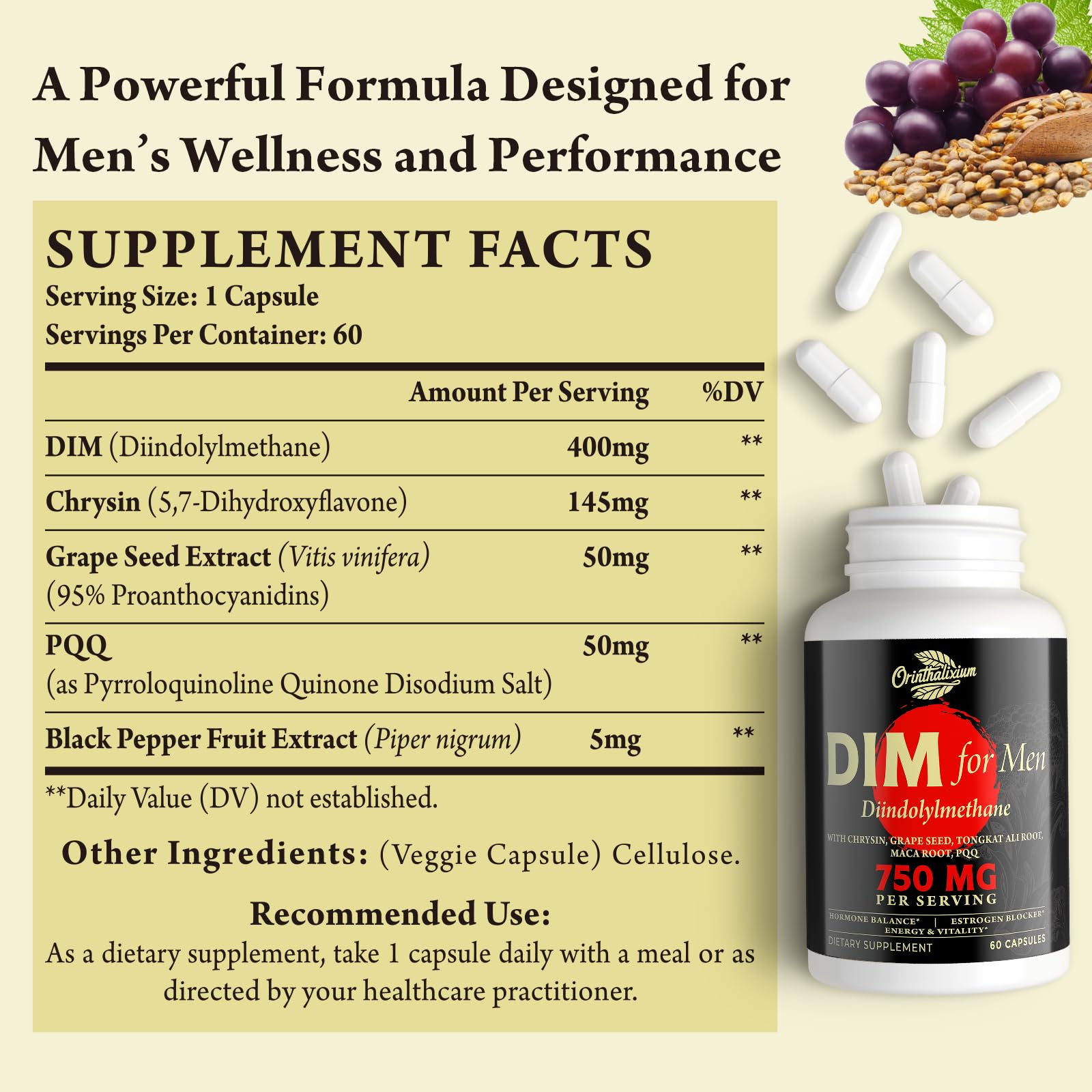 Orinthalixium DIM for Men capsules illustrate a potent blend aiding fitness and recovery.