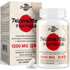 Orinthalixium TelomeMaxtelomere capsules in a bottle for daily cellular support.