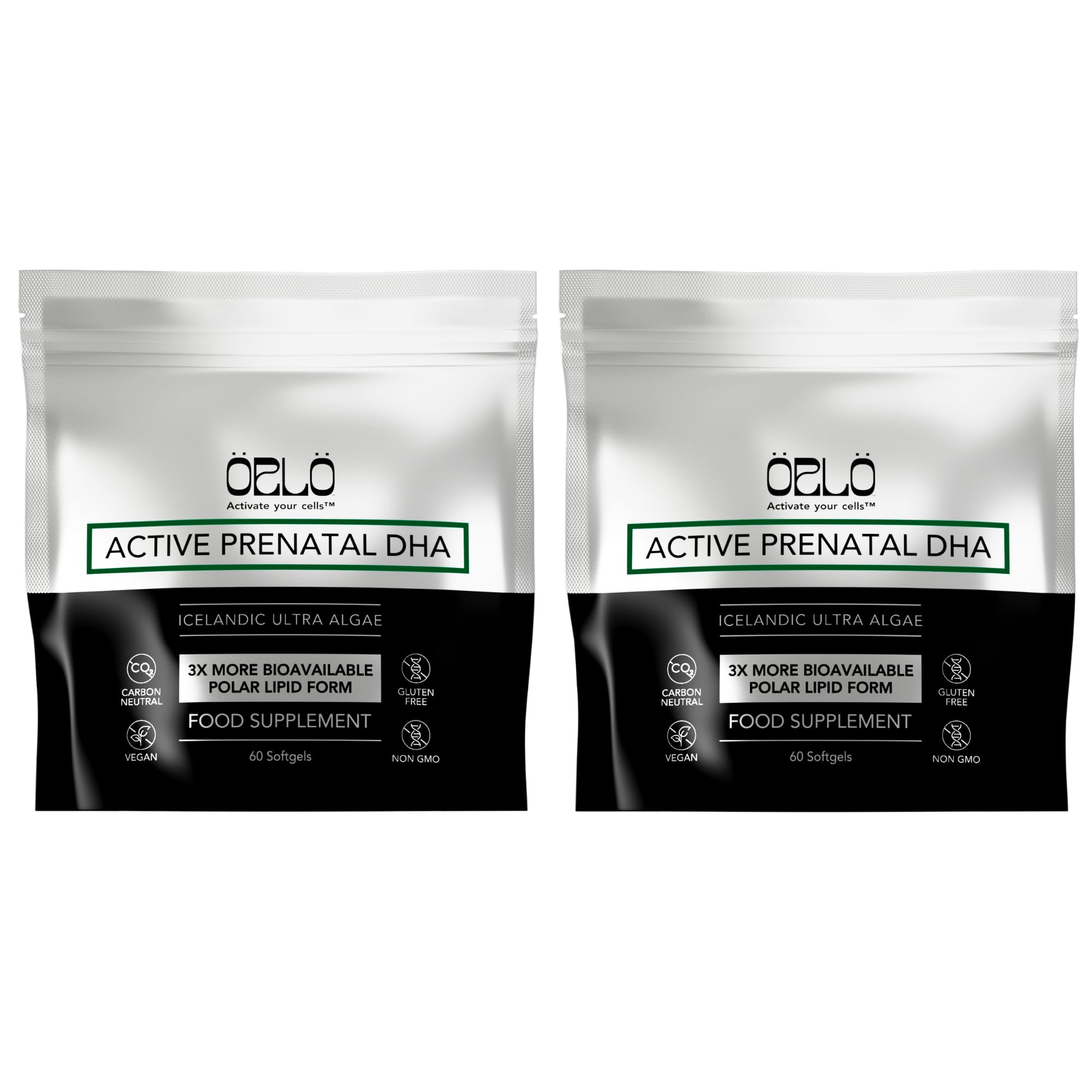 Orlo Prenatal DHA algae oil bottle close-up, mercury-free formula.