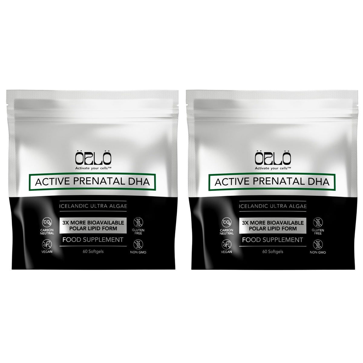 Orlo Prenatal DHA algae oil bottle close-up, mercury-free formula.