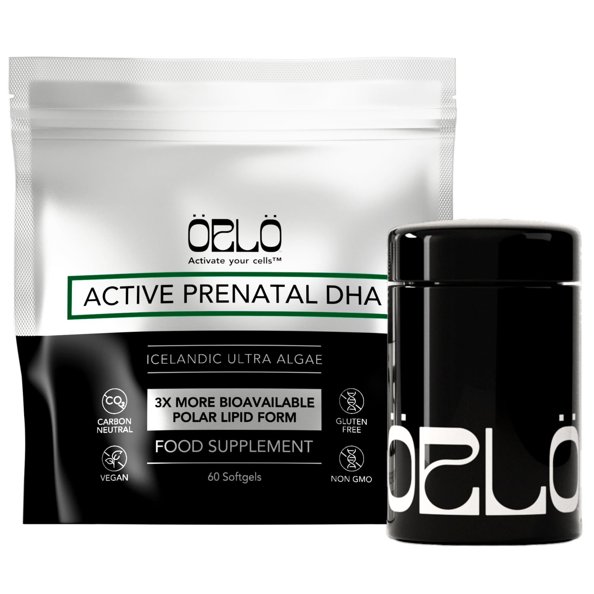 Orlo Prenatal DHA bottle close-up highlighting mercury-free algae oil for expectant moms