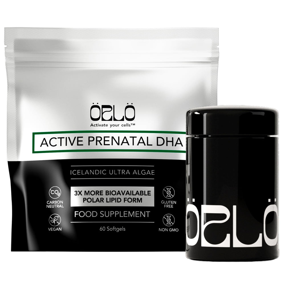 Orlo Prenatal DHA bottle close-up highlighting mercury-free algae oil for expectant moms