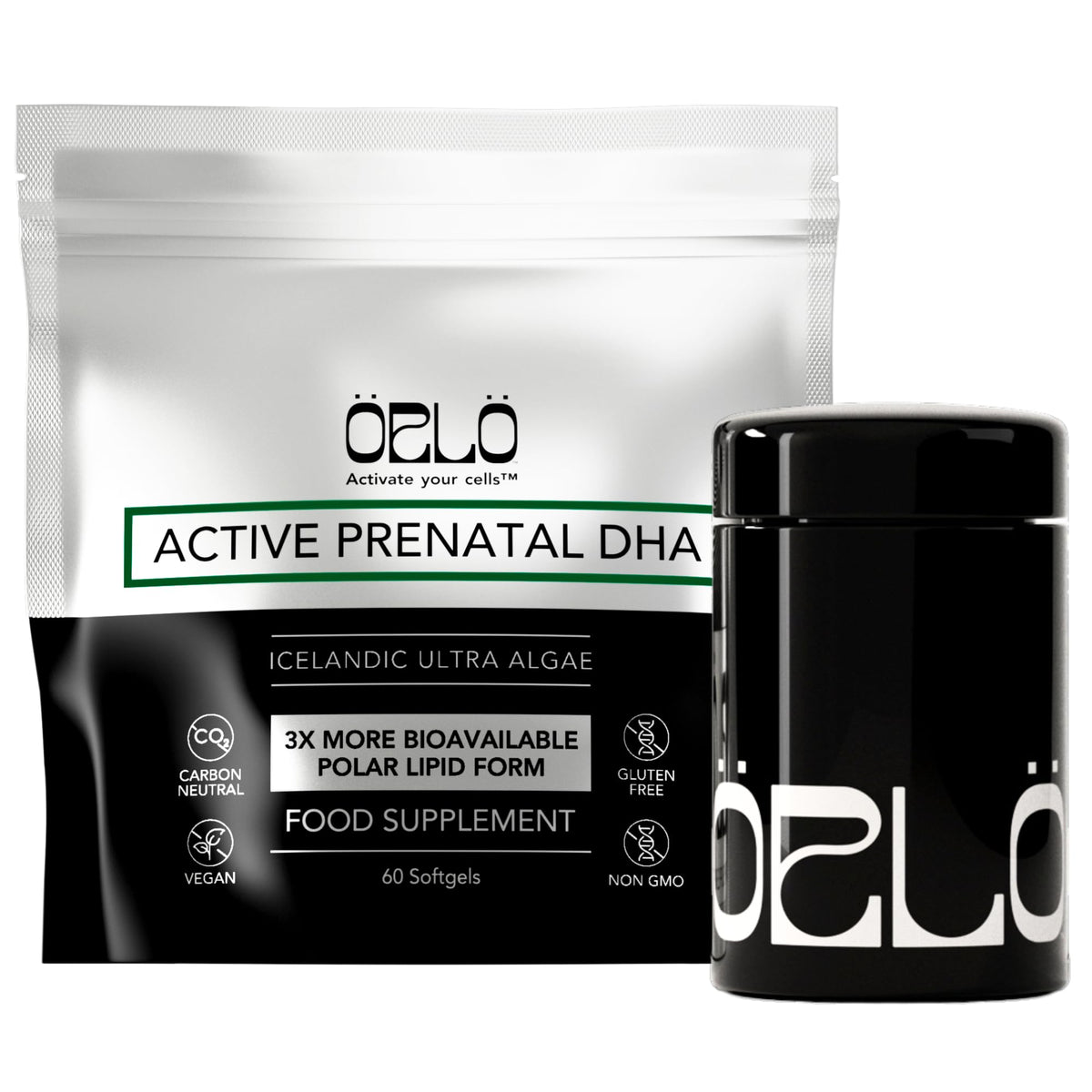 Orlo Prenatal DHA bottle close-up highlighting mercury-free algae oil for expectant moms
