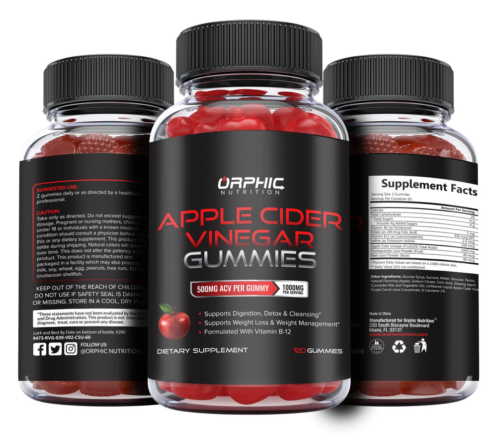 Orphic Nutrition ACV Gummies 120-count bottle on a kitchen counter