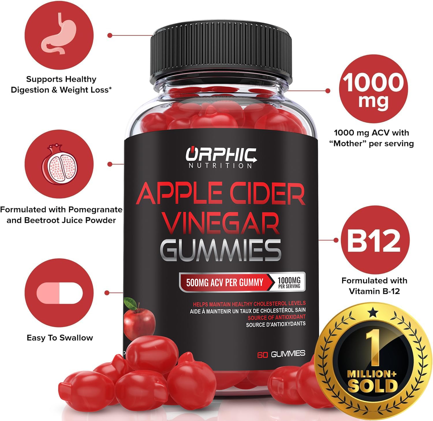 Orphic Nutrition ACV Gummies close-up showing chewy texture for easy consumption.