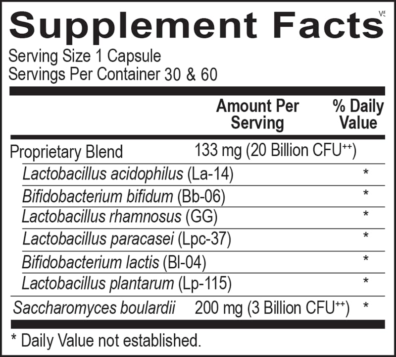 Ortho Biotic capsules bottle label shows probiotic blend for bowel regularity.