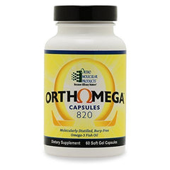 Orthomega 820 bottle with fish oil soft gels for daily omega-3 support.