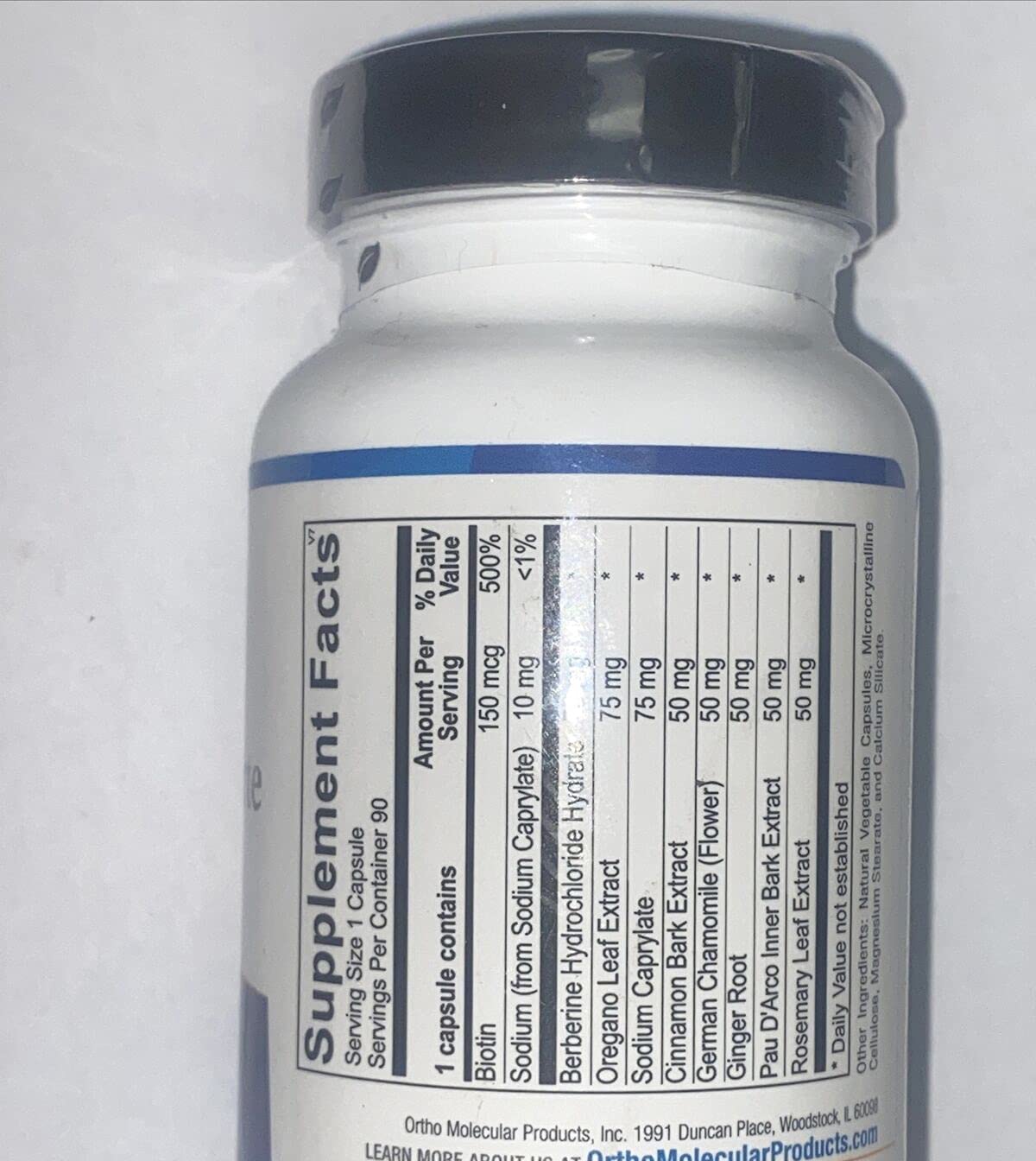 Ortho Molecular 5A Candicid Forte label highlights botanical extracts for flora balance.