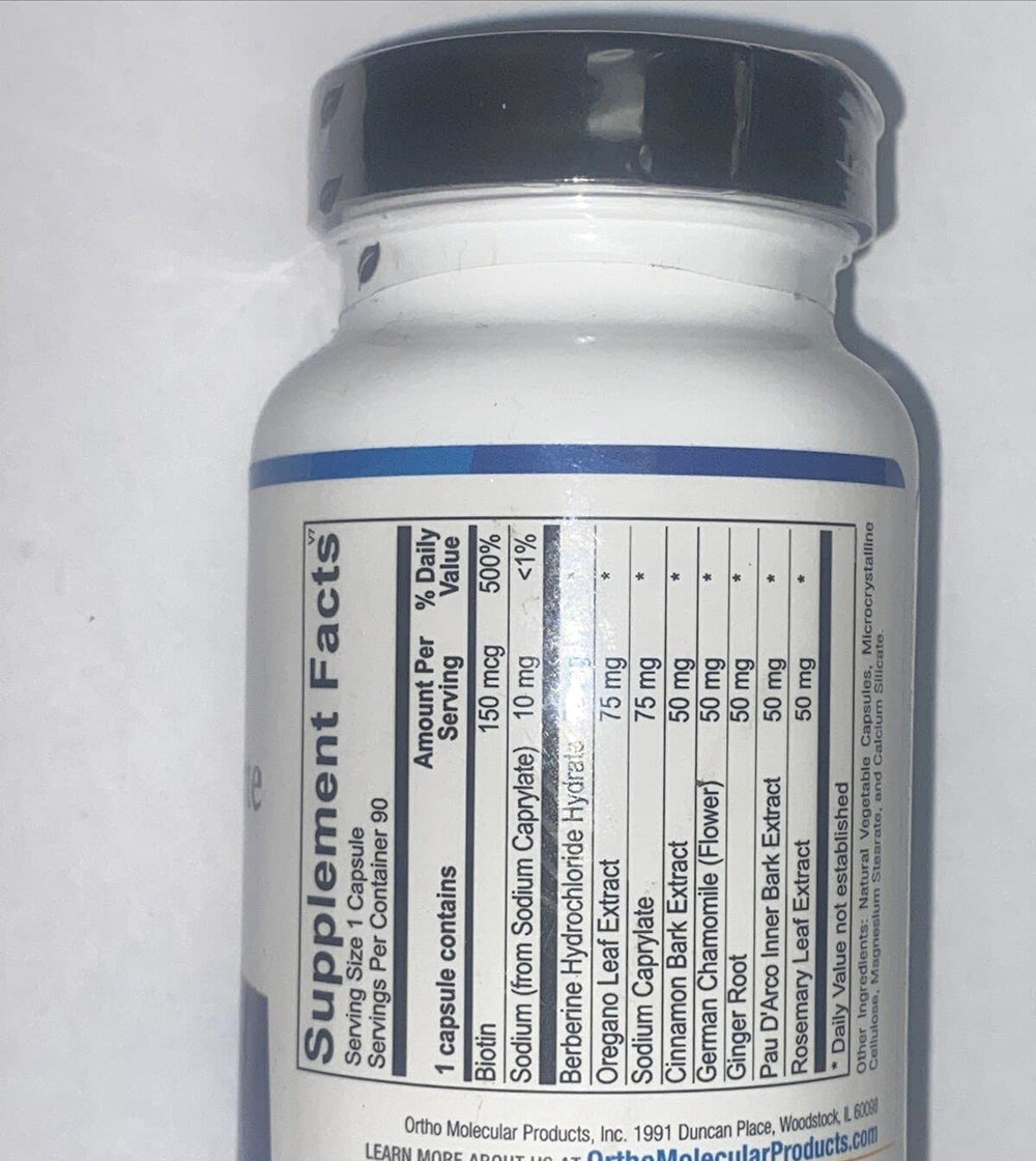 Ortho Molecular 5A Candicid Forte label highlights botanical extracts for flora balance.