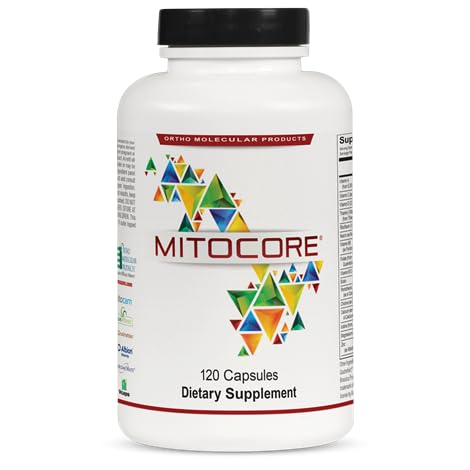 Ortho Molecular Mitocore bottle close-up showing energy-support blend for daily vitality.